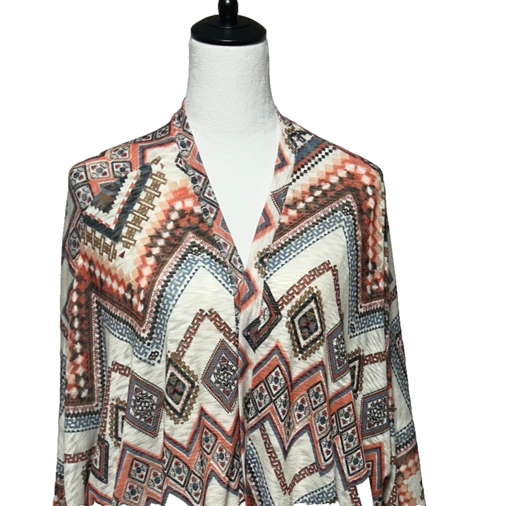 Eyeshadow Cardigan Womens 2X Beige Red Tribal Aztec Open Front Crochet Trim Boho